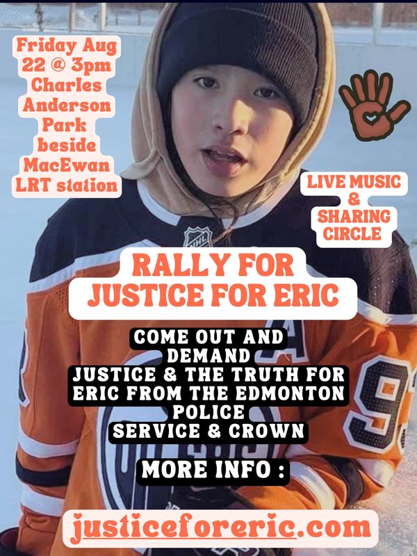 Rally for Justice for Eric on August 22 at Charles Anderson Park with live music and sharing circle.