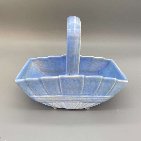 Crown Devon blue ceramic handled basked for flowers or sweets with 1940s war time rubber stamp mark