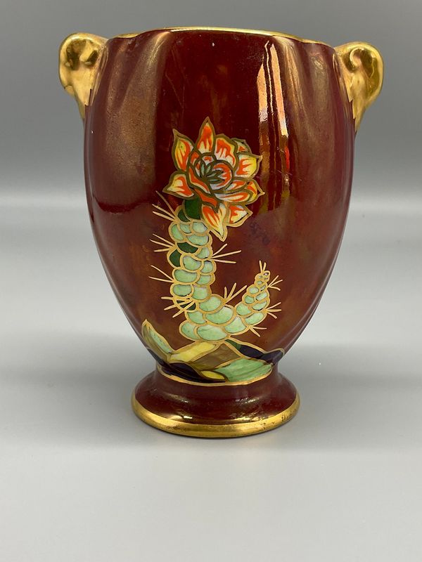Crown Devon Red lustre cactus pattern vase from about 1940