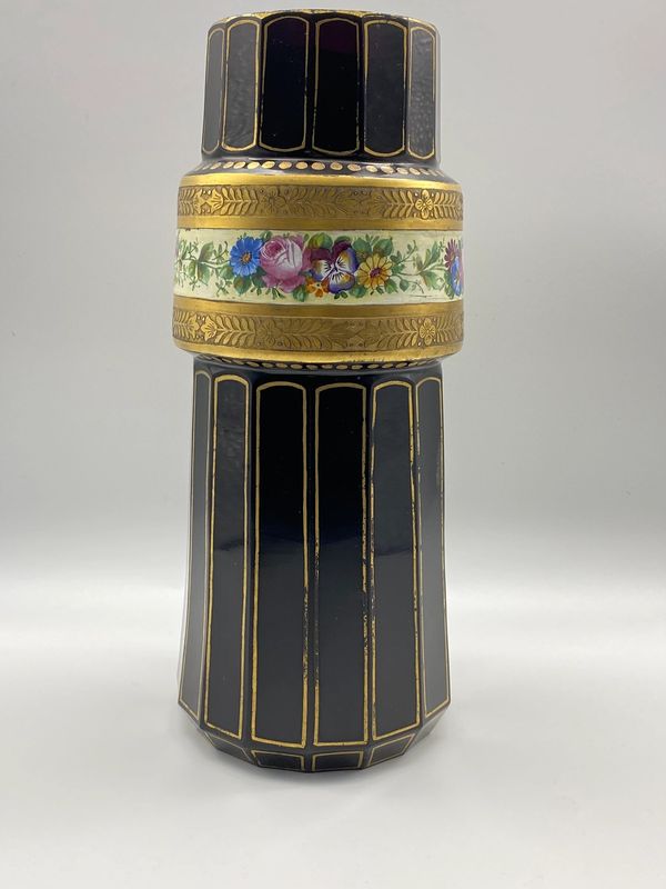 Imposing Moser amethyst glass vase with gold highlights and flower painted frieze