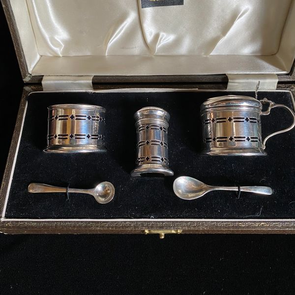 Miniature sterling silver condiment or cruet set for 1 person.  late 1940s