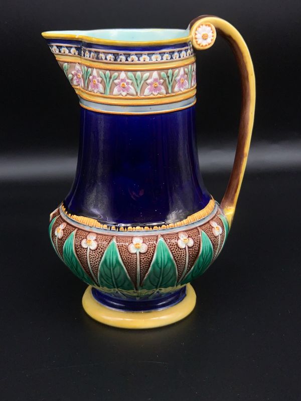 Wedgwood aesthetic movement majolica ceramic jug made in 1869 Victorian.  Blue and green floral