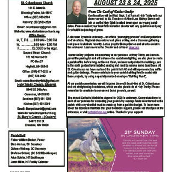 Bulletin for Catholic parishes dated August 23-24, 2025, with church contact info and event details.