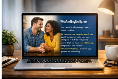 A laptop screen showing WhoAreTheyReally.com website with a couple holding hands.