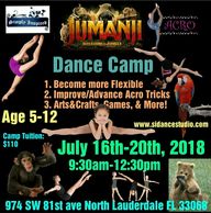 Jumanji Dance Camp for kids ages 5-12 from July 16-20th.