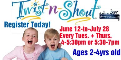 Advertisement for Twist 'n Shout classes for ages 2-4 years.