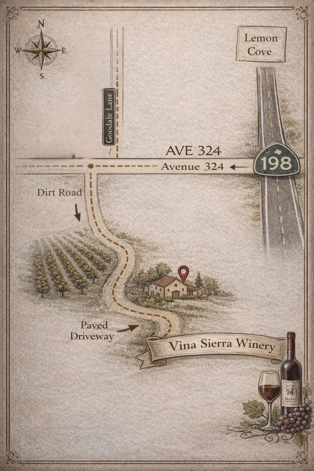 Map to Vina Sierra Winery near lemoncove and Sequoia National Park