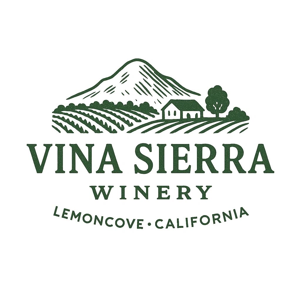 Logo of Vina Sierra Winery in Lemoncove, California with vineyard and mountain illustration.