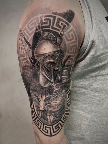Tattoo Art and Republic best Spartan Greek tattoo art, Black and Grey Realism by Andres Carballo.