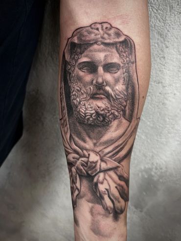Tattoo Art and Republic. Best greek Hercules tattoo Black and Grey realism by Andres Carballo
