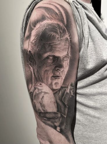 Blade Runner Roy Batty photorealistic, black and grey tattoo. by Andres Carballo Tattoo Art and Repu
