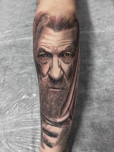 Gandalf The Grey photorealistic Tattoo Black and Grey by Andres Carballo Tattoo Art and Republic. 