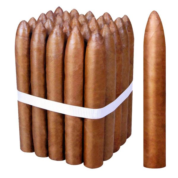 Bundle of cigars tied with a white band and a single cigar beside it.