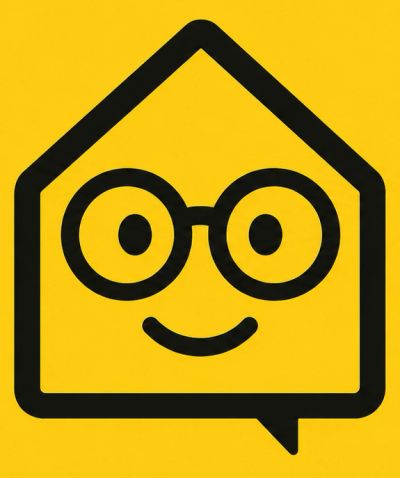 Smiling house icon with glasses on yellow background.
