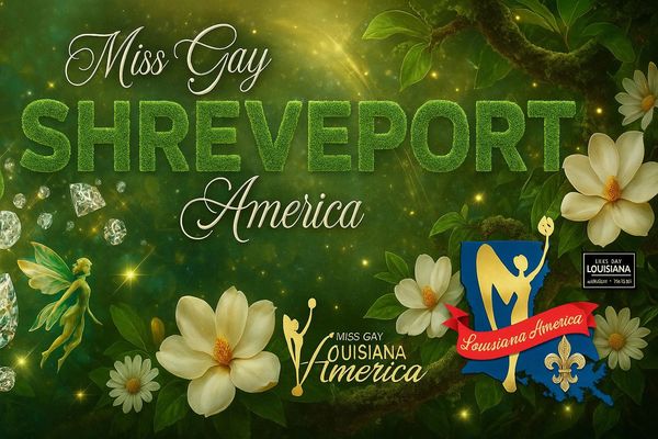 Floral-themed Miss Gay Shreveport America graphic with green and gold accents.