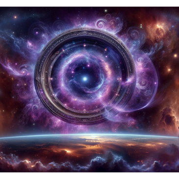 A cosmic portal swirls above a planet's horizon in a vibrant nebula.