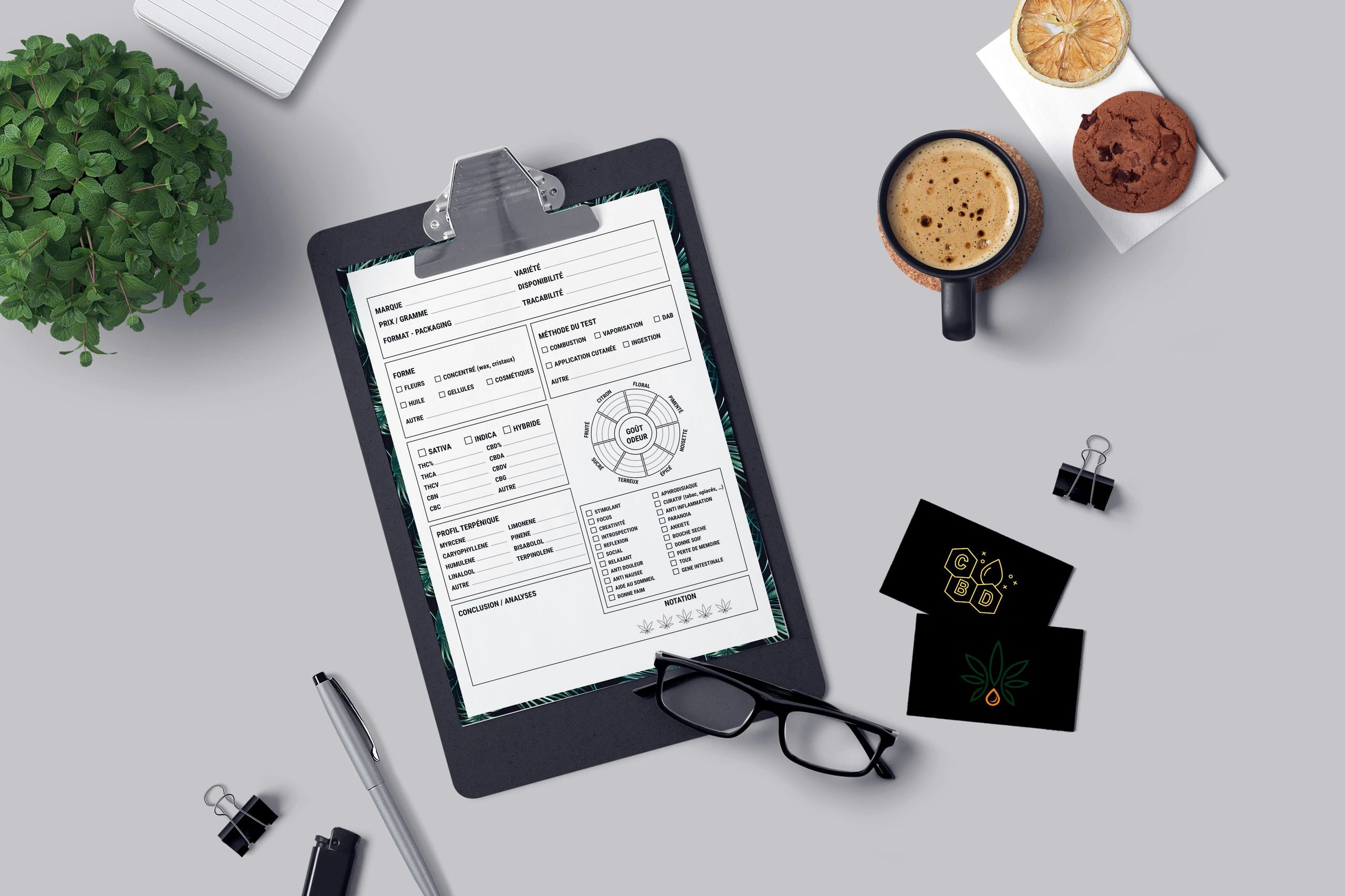 Clipboard on desk with coffee cups and business cards.