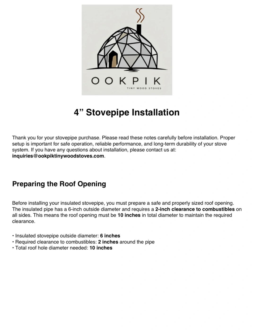 Instructions for installing a 4-inch stovepipe with proper roof opening measurements.
