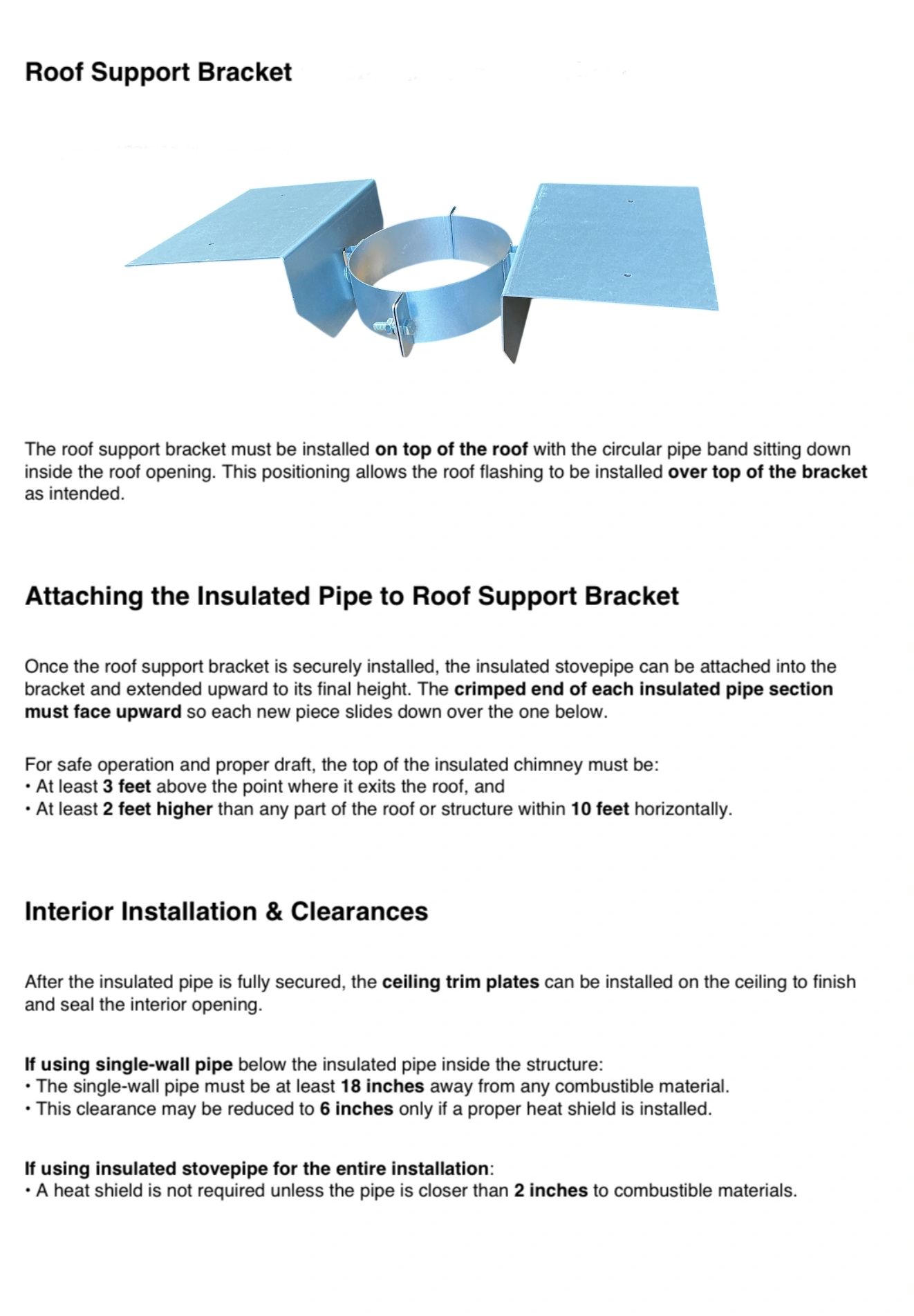 Metal roof support bracket for insulated stovepipe installation with clear safety guidelines.