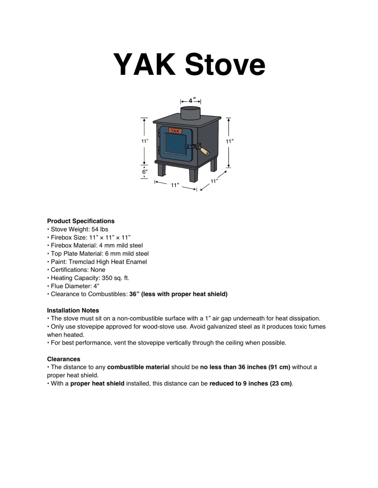 Compact YAK Stove with detailed specifications and safety notes.