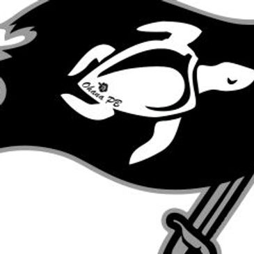 Black pirate flag with a white turtle and sword design.