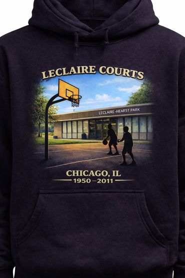 A hoodie with a vintage Leclaire Courts basketball scene from Chicago, IL.