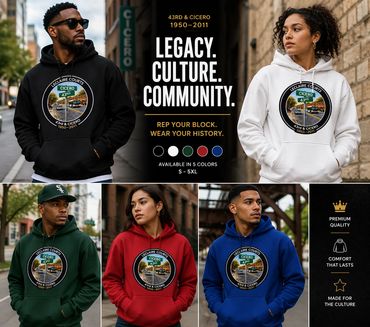 Five models wear colorful hoodies with a cultural emblem promoting legacy and community.