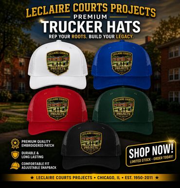 Colorful Leclaire Courts Projects trucker hats with embroidered patches.