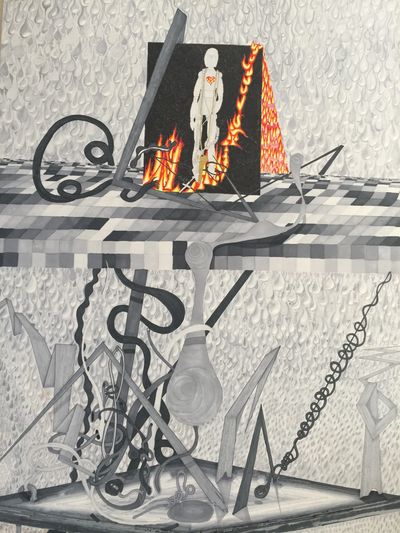 Surreal grayscale scene with abstract shapes and a fiery figure in the background.
