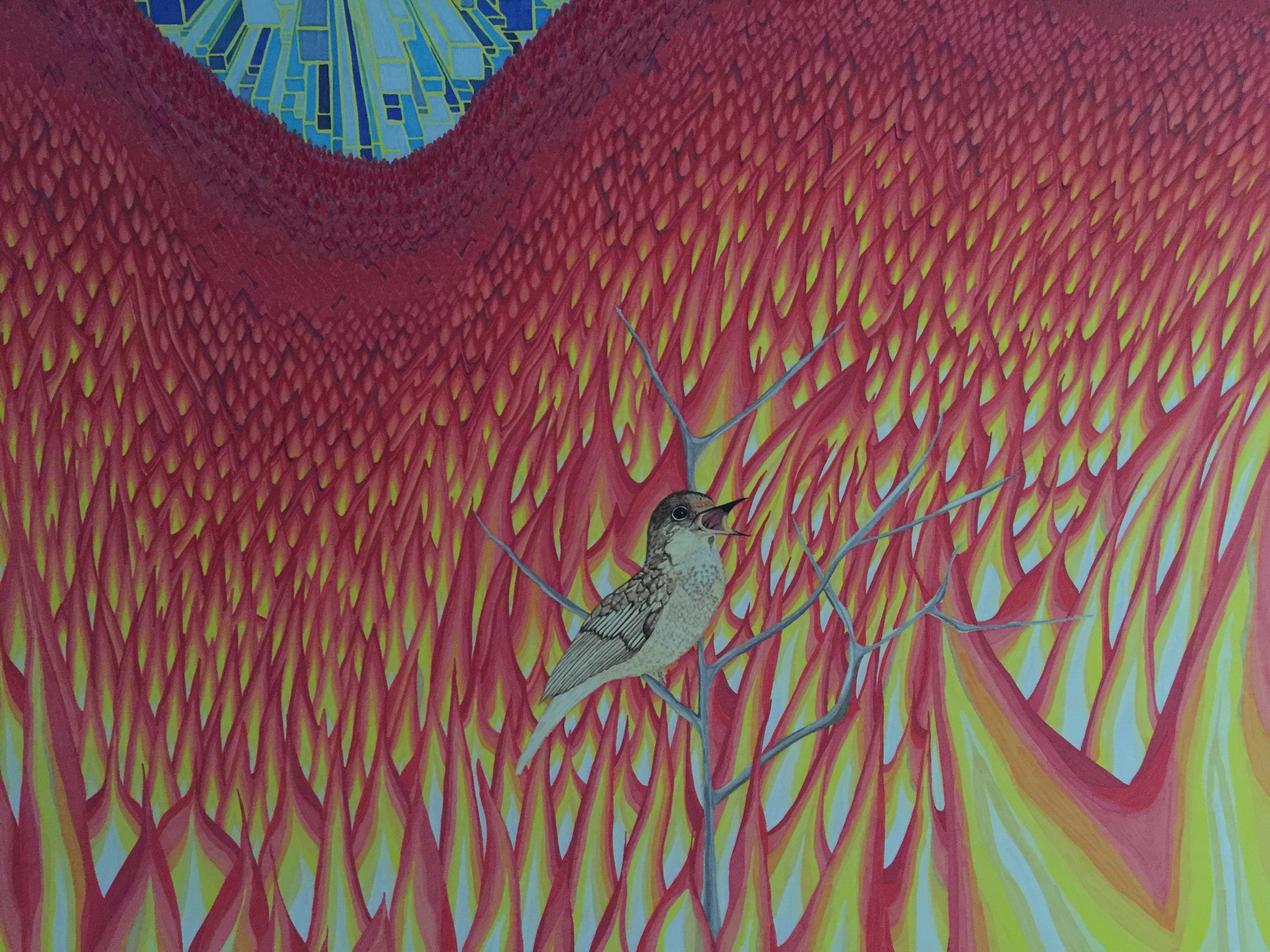 A bird perched on a branch amid stylized flames under a blue geometric sky.