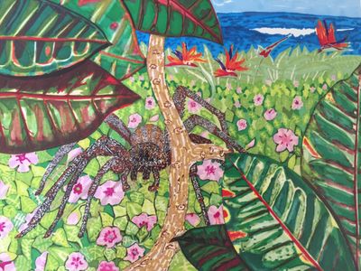 Colorful painting of a large spider on a tree branch surrounded by lush tropical foliage and flowers.