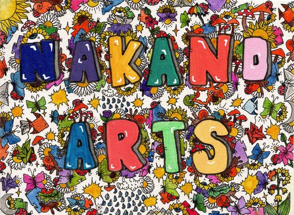 Colorful graffiti-style letters spelling 'NAKANO ARTS' with vibrant nature-themed doodles.
