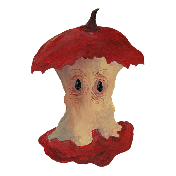 Painting of a red apple core with eyes, giving it a face-like appearance.