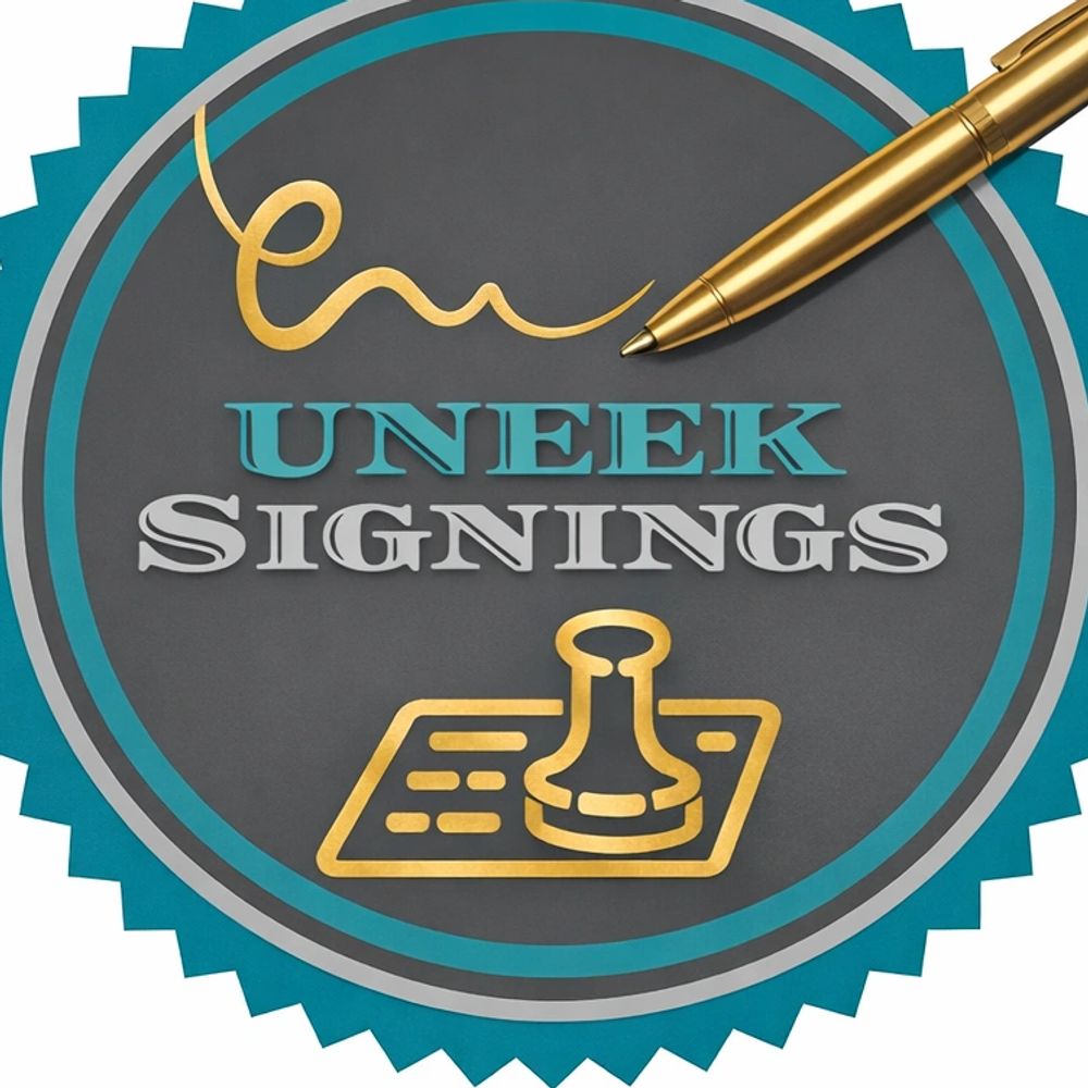 A logo for "Uneek Signings" with a gold pen and stamp on a teal and gray circular badge.