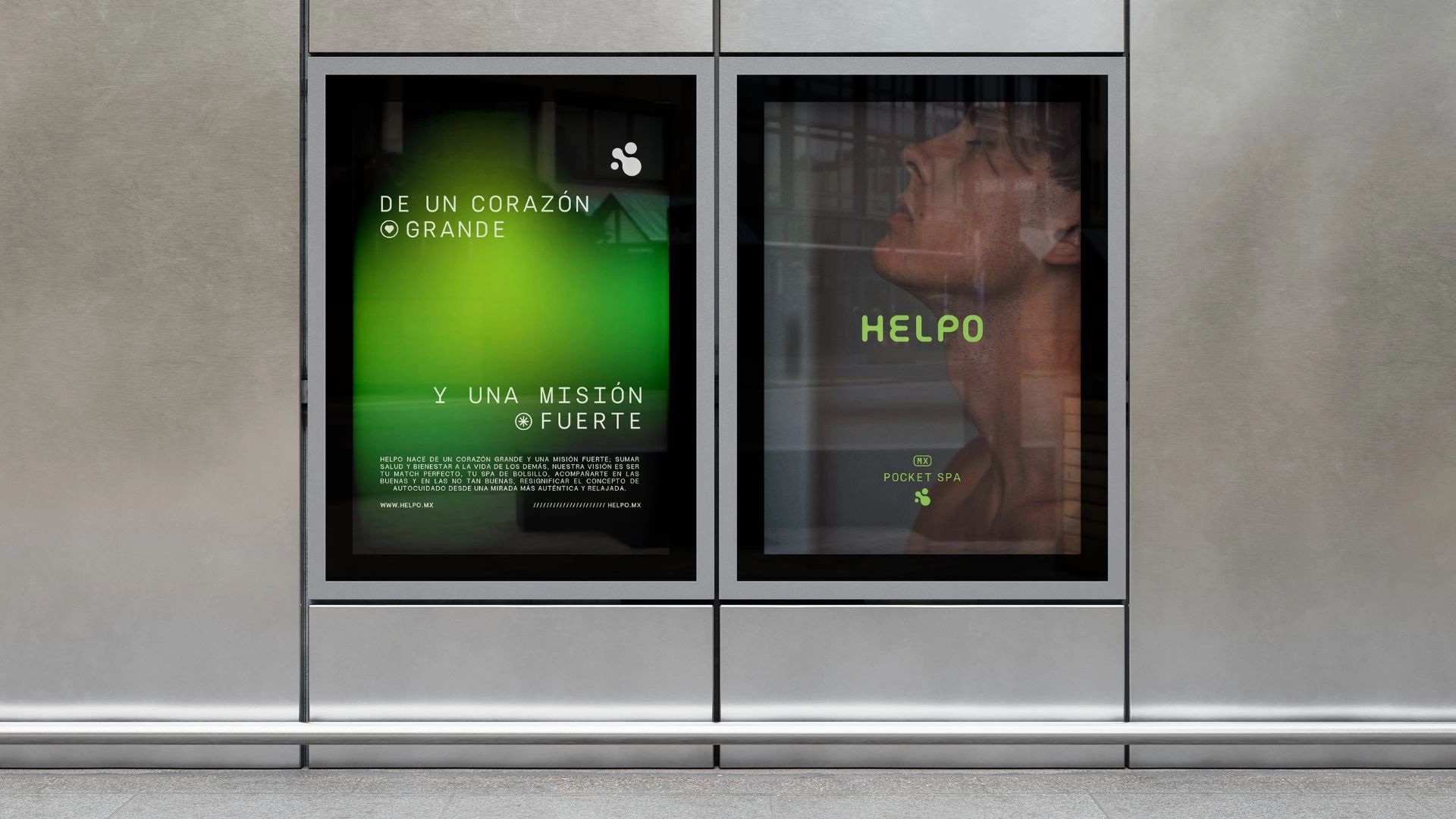 Two digital posters promoting Helpo pocket spa with a green theme and a person's side profile.