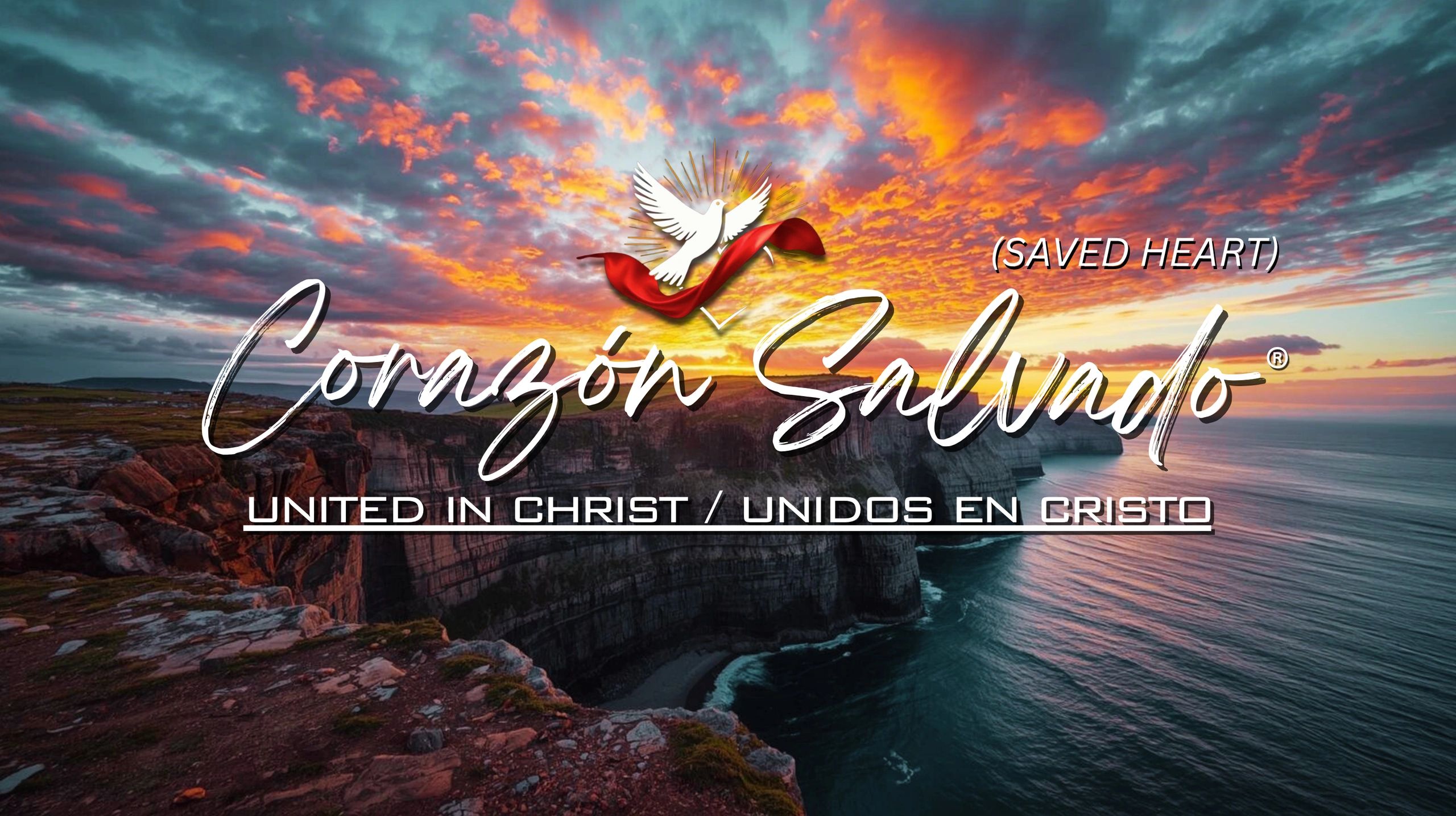 Golden sunset over majestic cliffs featuring a Christian music logo and uplifting words of faith.
