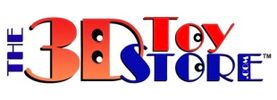 Logo for The 3D Toy Store with colorful, playful text.