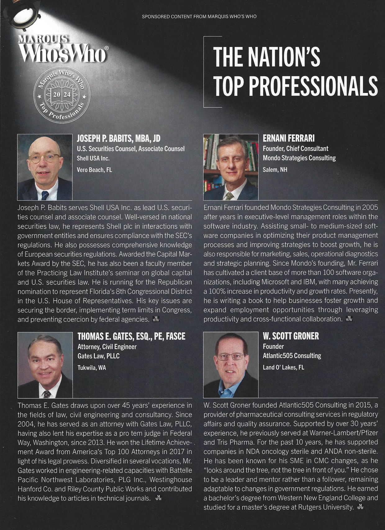 Profiles of top professionals recognized by Marquis Who's Who in various fields.