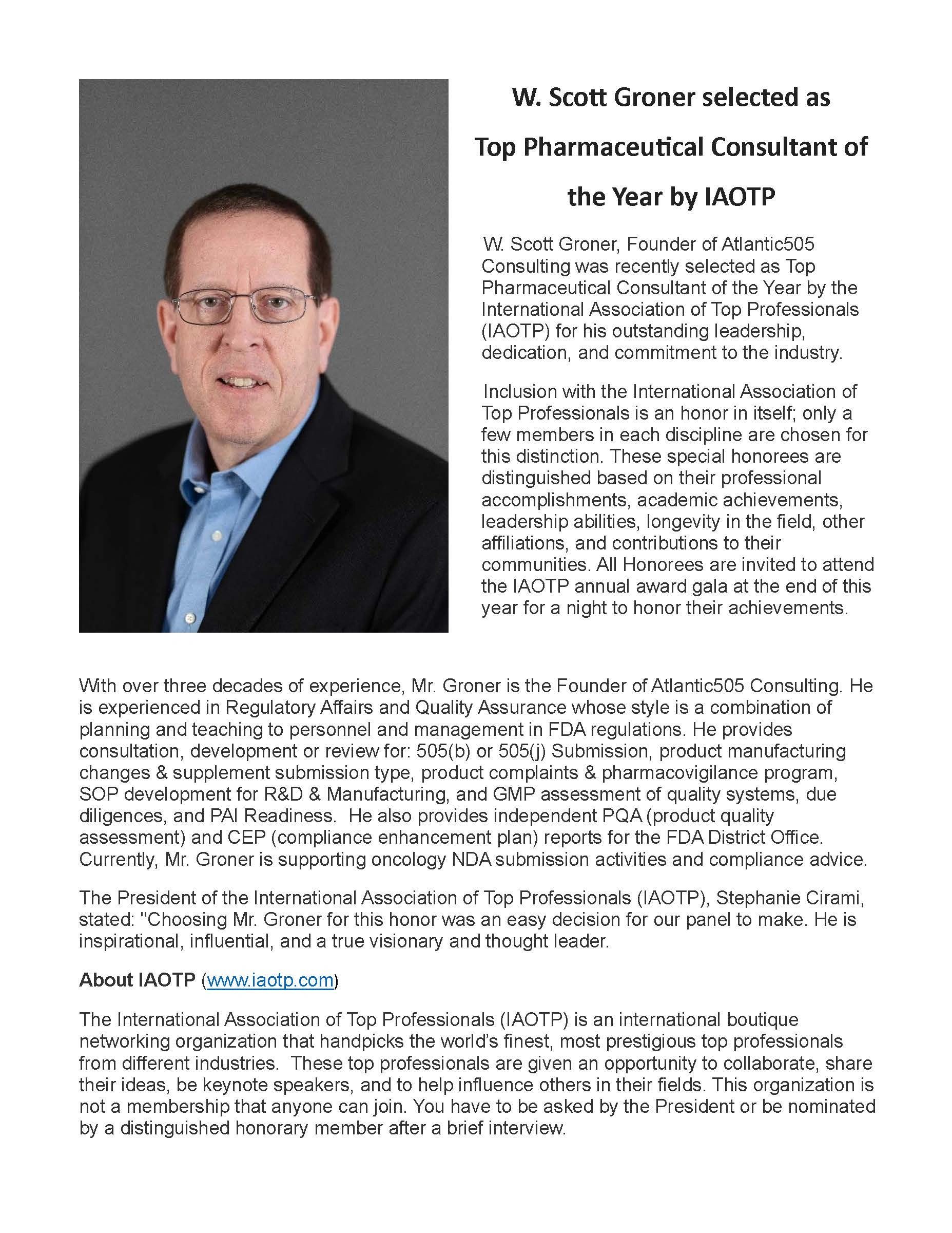 W. Scott Groner named Top Pharmaceutical Consultant of the Year by IAOTP.