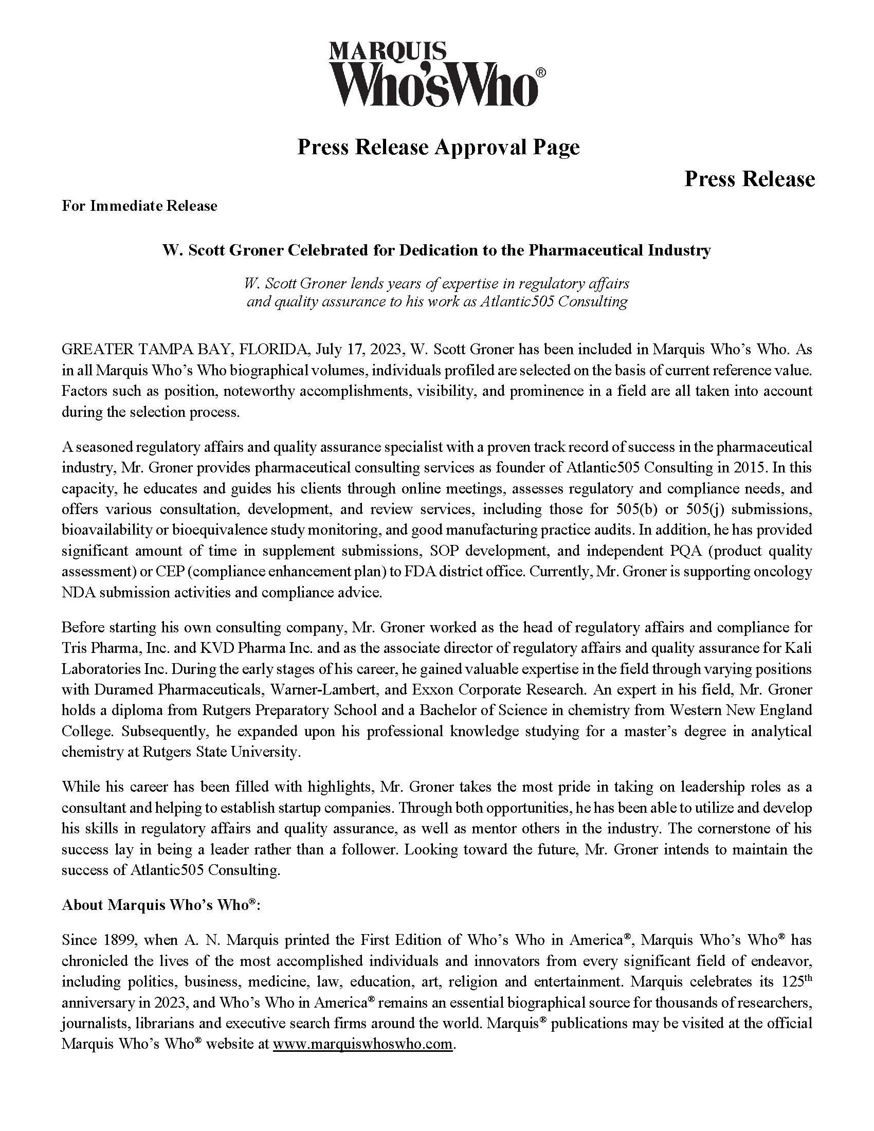 Press release celebrating W. Scott Groner's dedication to pharmaceutical regulatory affairs.