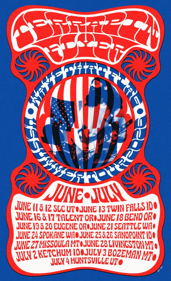 Psychedelic tour poster with red, white, and blue colors featuring a face and US flag imagery.