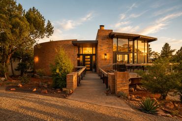 A front view of the Doeller House. The Doeller House is a luxury rental in Sedona, Arizona. It was b
