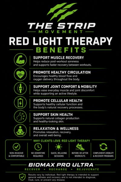 Benefits of red light therapy by The Strip Movement.