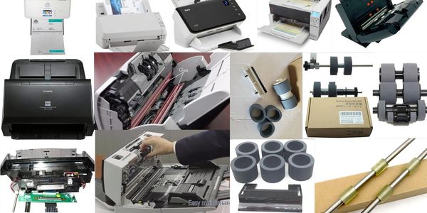 Various document scanners and their internal roller components for maintenance.