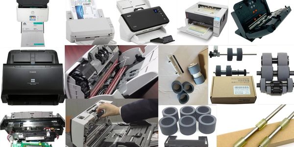 Various document scanners and their internal roller components for maintenance.