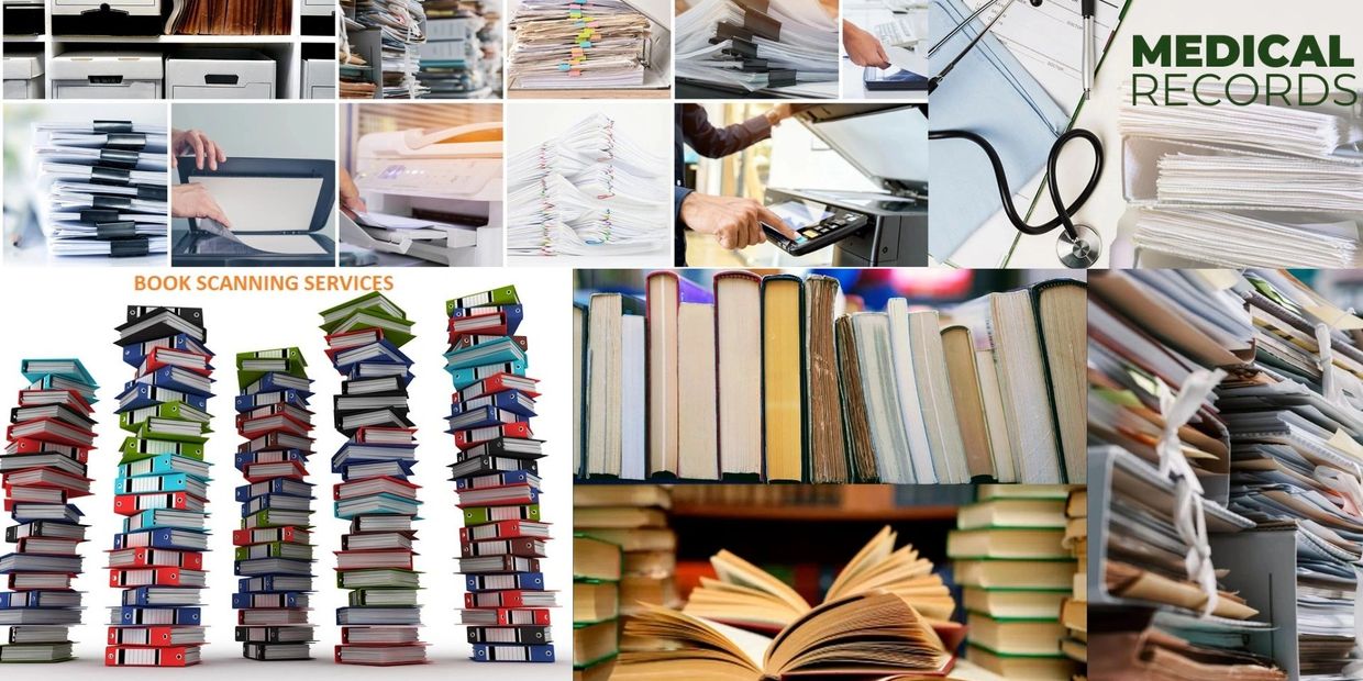 Stacks of medical records and books with scanning and copying services.