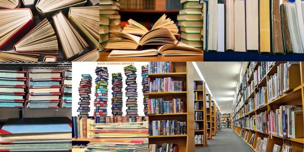 Various books and a library aisle filled with bookshelves.