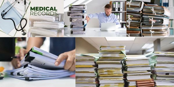 Stacks of medical records and files being organized in an office setting.