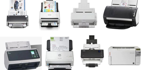 A collage of eight different document scanners of various brands and designs.