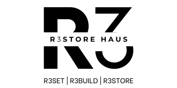 Logo with text 'R3STORE HAUS' in black and white.